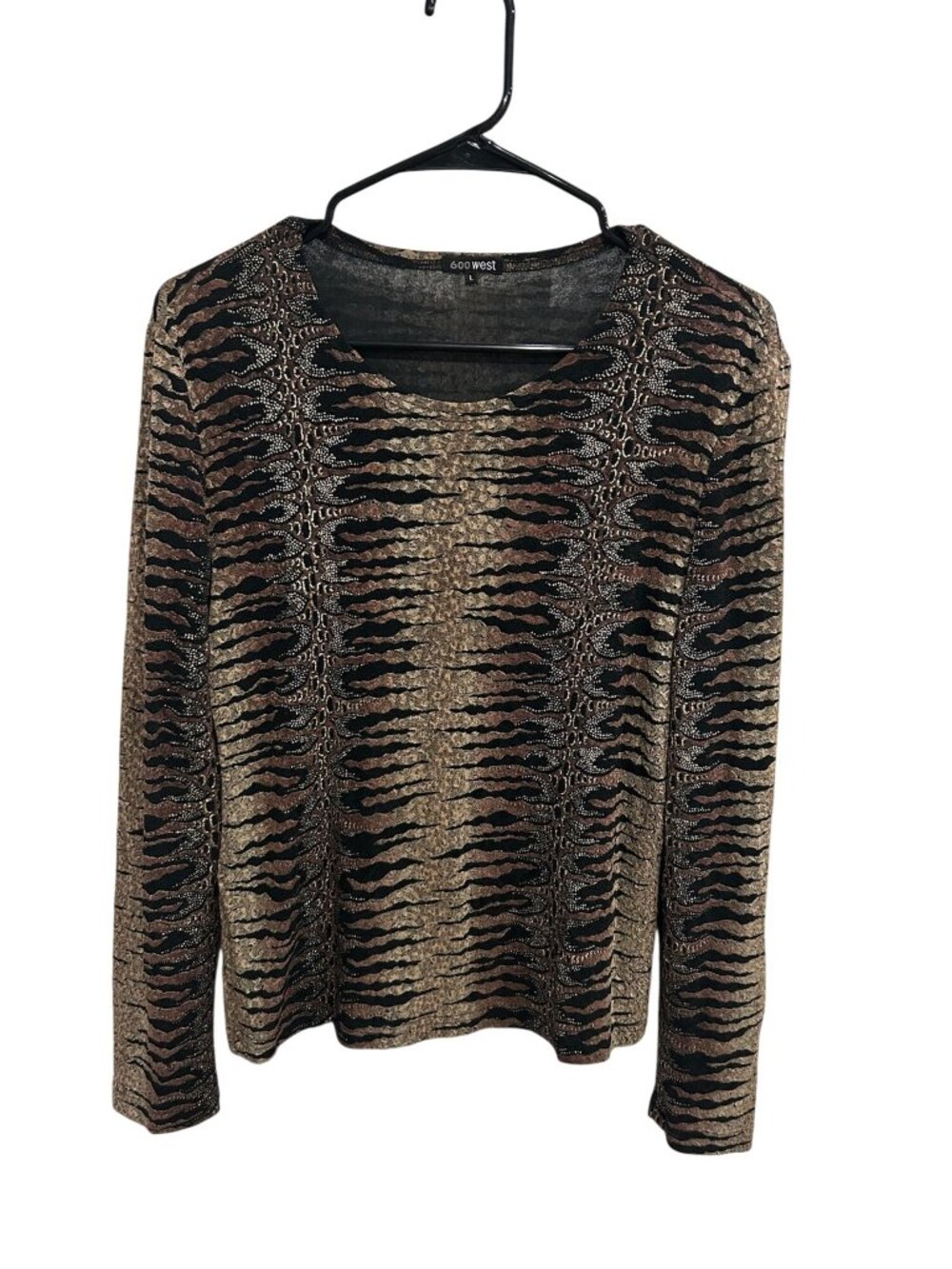 600 West Animal Print Scoop Neck Long Sleeve Top Size L Retro Statement Style